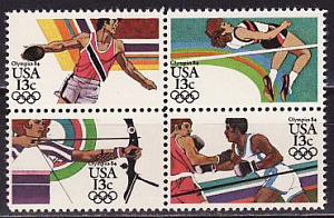 США, 1983, Летняя Олимпиада 1984 (III), Диск, прыжки в высоту, стрельба из лука, бокс, 4 марки квартблок